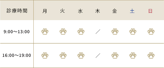 診療時間(午前9:00～13:00、午後16時～19:00、休診日：木曜日)